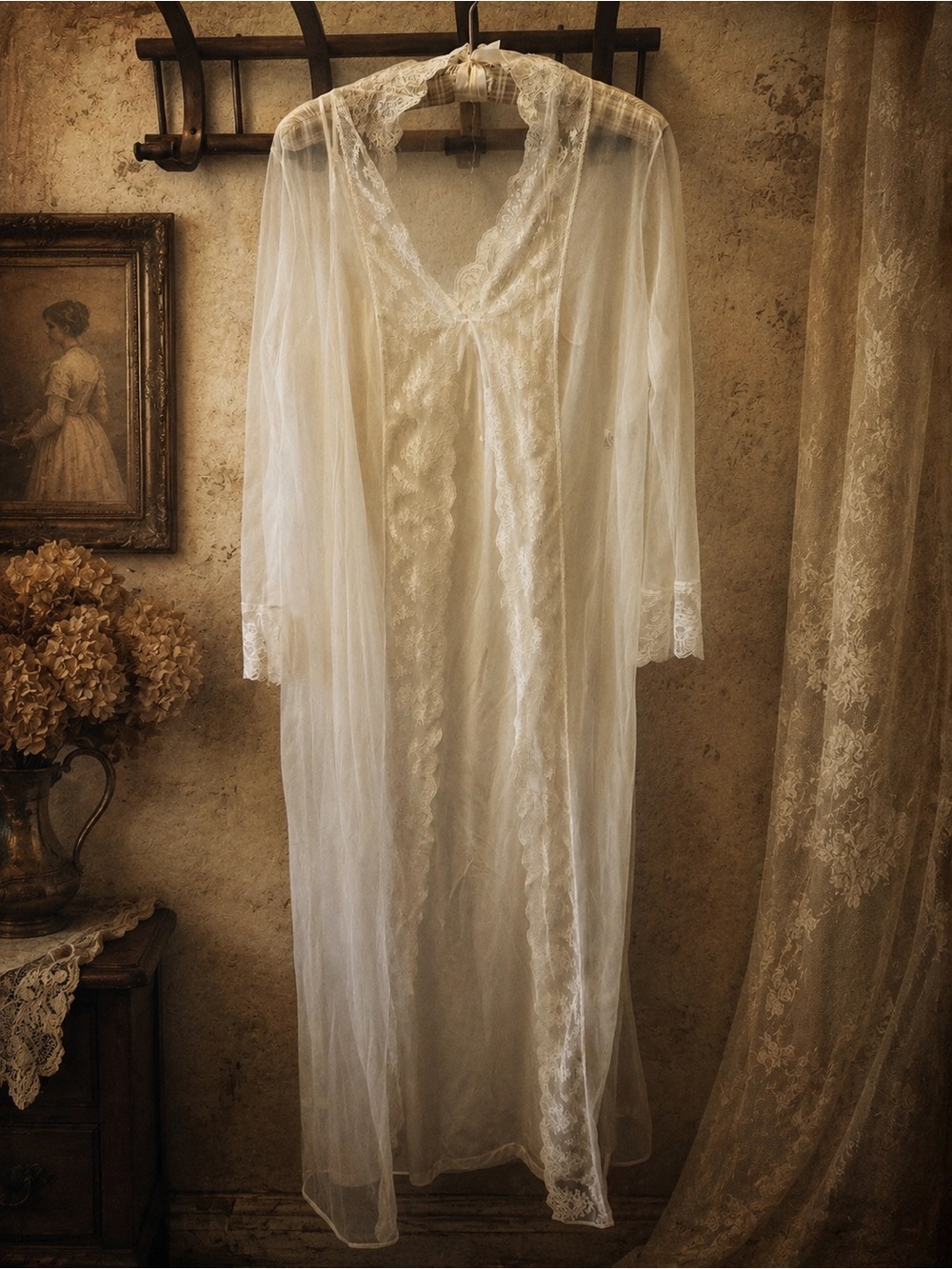 Vintage Sears White Nylon Peignoir Set Lace Robe & Nightgown ILGWU USA Large